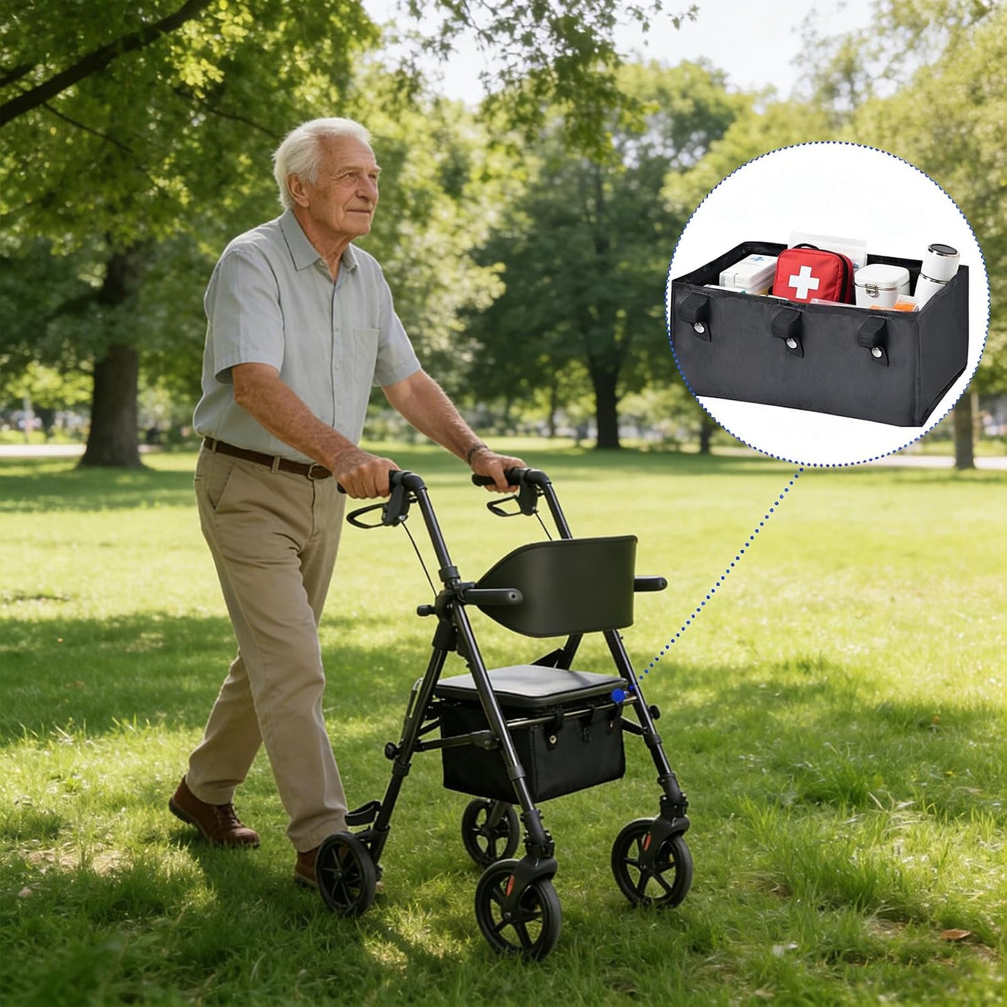 Under Seat Rollator Bag, Walker Bags for Rolling Walker with 4 Inner Pockets, Rollator Walker Basket Accessories for Seniors, Storage Ipad, Books, and Essentials