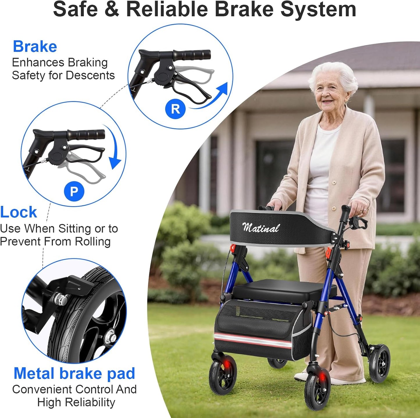 Walkers for Seniors, Rollator Walker with Seat, Walkers for Seniors with Seat, 350 Lb Capacity,With 8'' Big Wheels, Rolling Walker (Blue)