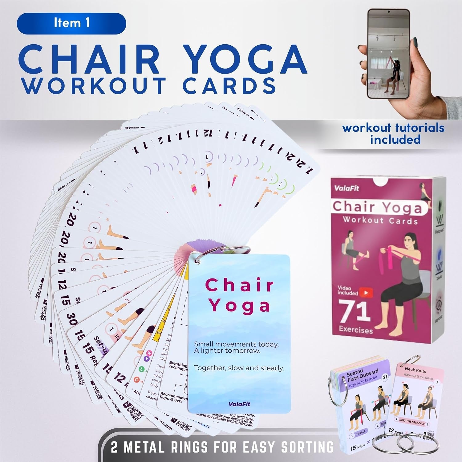 Chair Yoga for Seniors Kit - 71 Large-Print Exercise Cards + 4 Resistance Bands