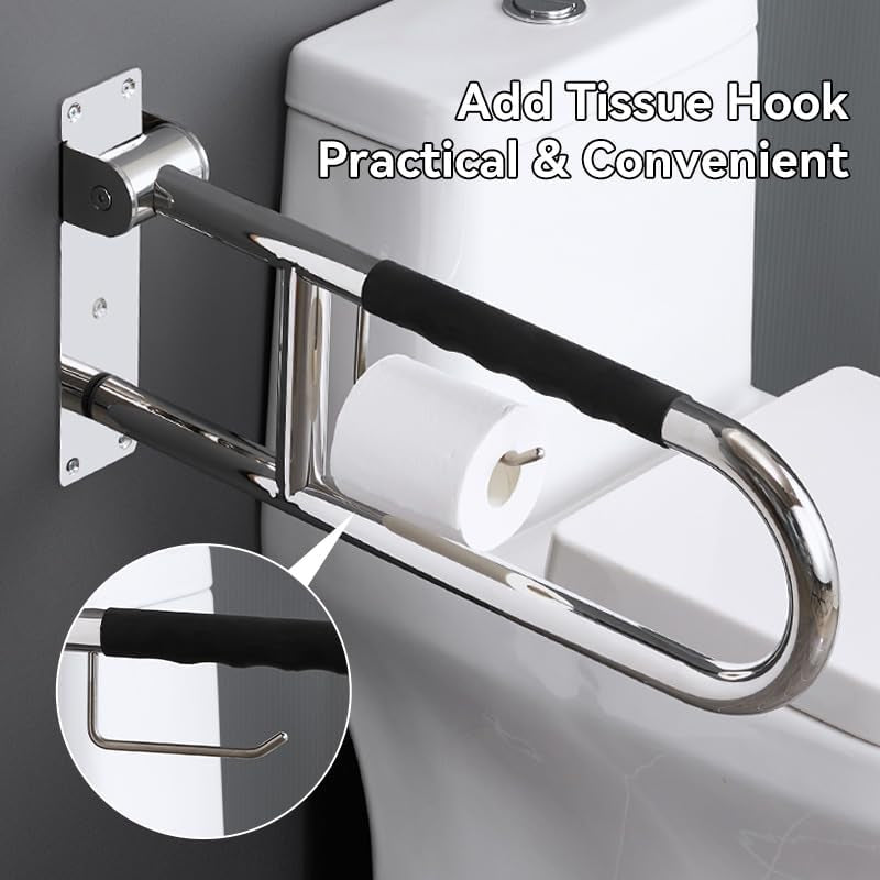 31 Inch Toilet Grab Bar, Flip-Upsafety Rail with Soft Silicone Anti-Slio Finger-Grio Handle Andpaper Holder, Stainless Steel U-Shaped Support Bar for Elderlydisabled, Polished Chrome
