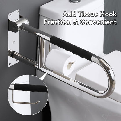 31 Inch Toilet Grab Bar, Flip-Upsafety Rail with Soft Silicone Anti-Slio Finger-Grio Handle Andpaper Holder, Stainless Steel U-Shaped Support Bar for Elderlydisabled, Polished Chrome
