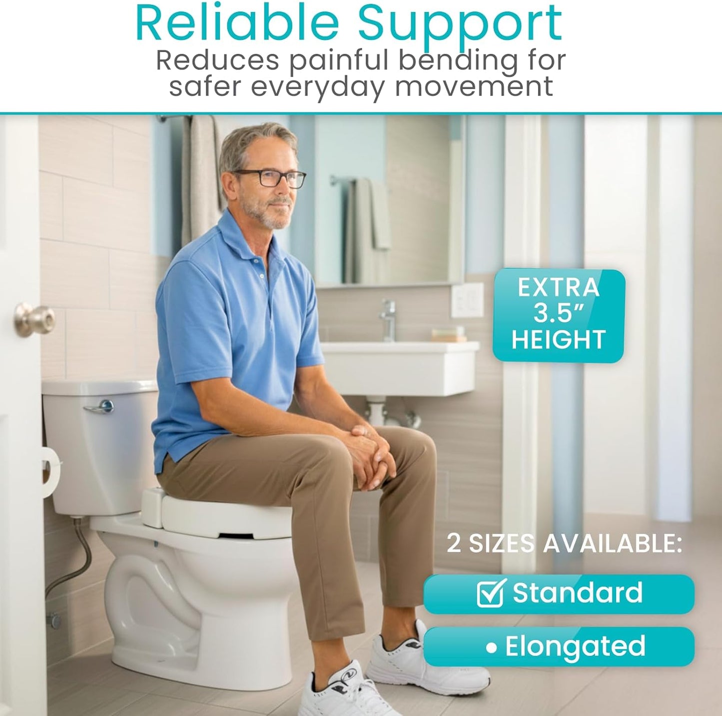 Raised Toilet Seat (Standard, Adds 3.5 Inches) - Elevated Toilet Seat Riser & Extender for Seniors & Handicap - High Rise Toilet Extension for Elderly - Portable Commode Toilet Booster for Adults