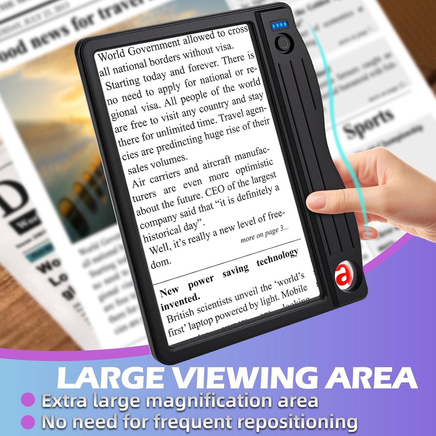 Rechargeable Full-Page LED Magnifying Glass for Reading, 6X-30X