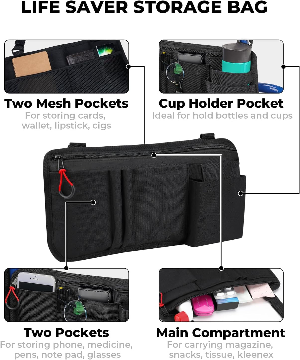 Walker Side Bag, Wheelchair Armrest Storage Pouch with Cup Holder, Wheelchair Accessories for Seniors, Walker Bag Cup Holder for Walker, Rollator, Electric Scooter or Wheelchair Black