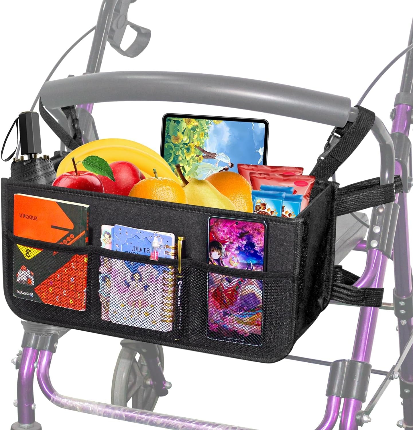 Upgrade Rollator Basket,Walker Basket Bag for Folding Walker Storage,Rollator Walker Bag Cup Holder,Large Capacity Rollator Walker Accessories Organizer (Rollator Basket + Gift Box)