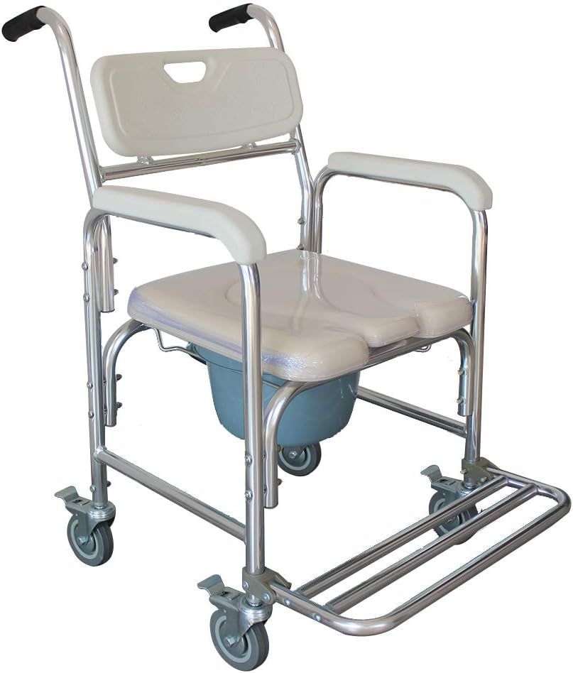 Bedside Commode Chair, 4 in 1 Toilet Rolling Transport Chair with Arms & 4 Brakes, Shower Wheelchair for Adults, Senior, Elderly, Handicap, Disabled (White+ U Shape Cushion)
