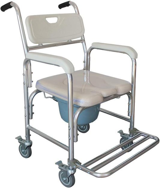 Bedside Commode Chair, 4 in 1 Toilet Rolling Transport Chair with Arms & 4 Brakes, Shower Wheelchair for Adults, Senior, Elderly, Handicap, Disabled (White+ U Shape Cushion)
