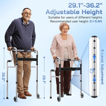 3-In-1 Folding Rolling Walker with 5" Wheels | Adjustable Height (29.1"-36.2") for Seniors & Adults | Lightweight Foldable Walker | Supports up to 400 Lbs