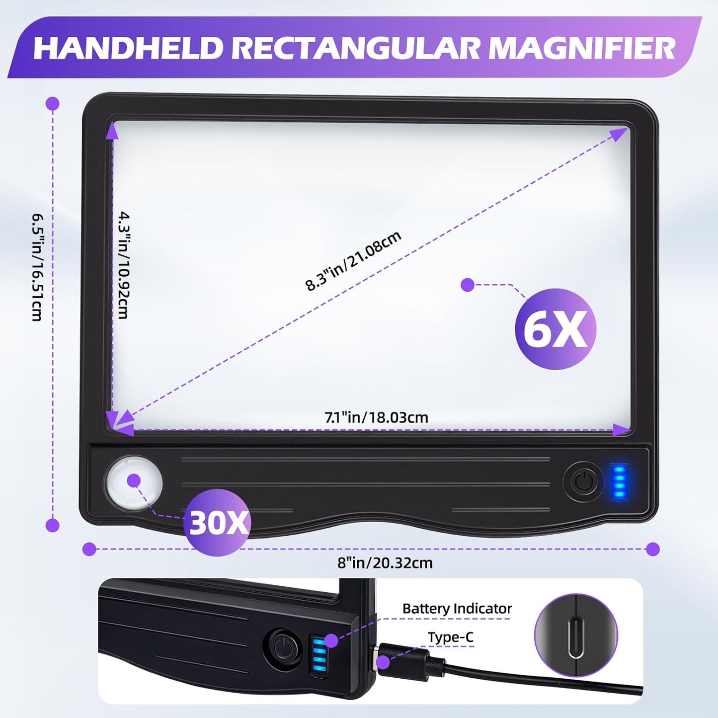 Rechargeable Full-Page LED Magnifying Glass for Reading, 6X-30X