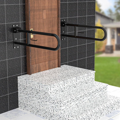 Toilet Grab Bar 32 Inch Black,  Anti-Slip Handicap Grab Bars with Paper Holder, Flip-Up Bathroom Safety Rails, Stainless Steel Knurled Support Handrails for Seniors Elderly Disabled Pregnant