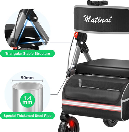 Walkers for Seniors, Rollator Walker with Seat, Walkers for Seniors with Seat, 350 Lb Capacity,With 8'' Big Wheels, Rolling Walker (Silver)