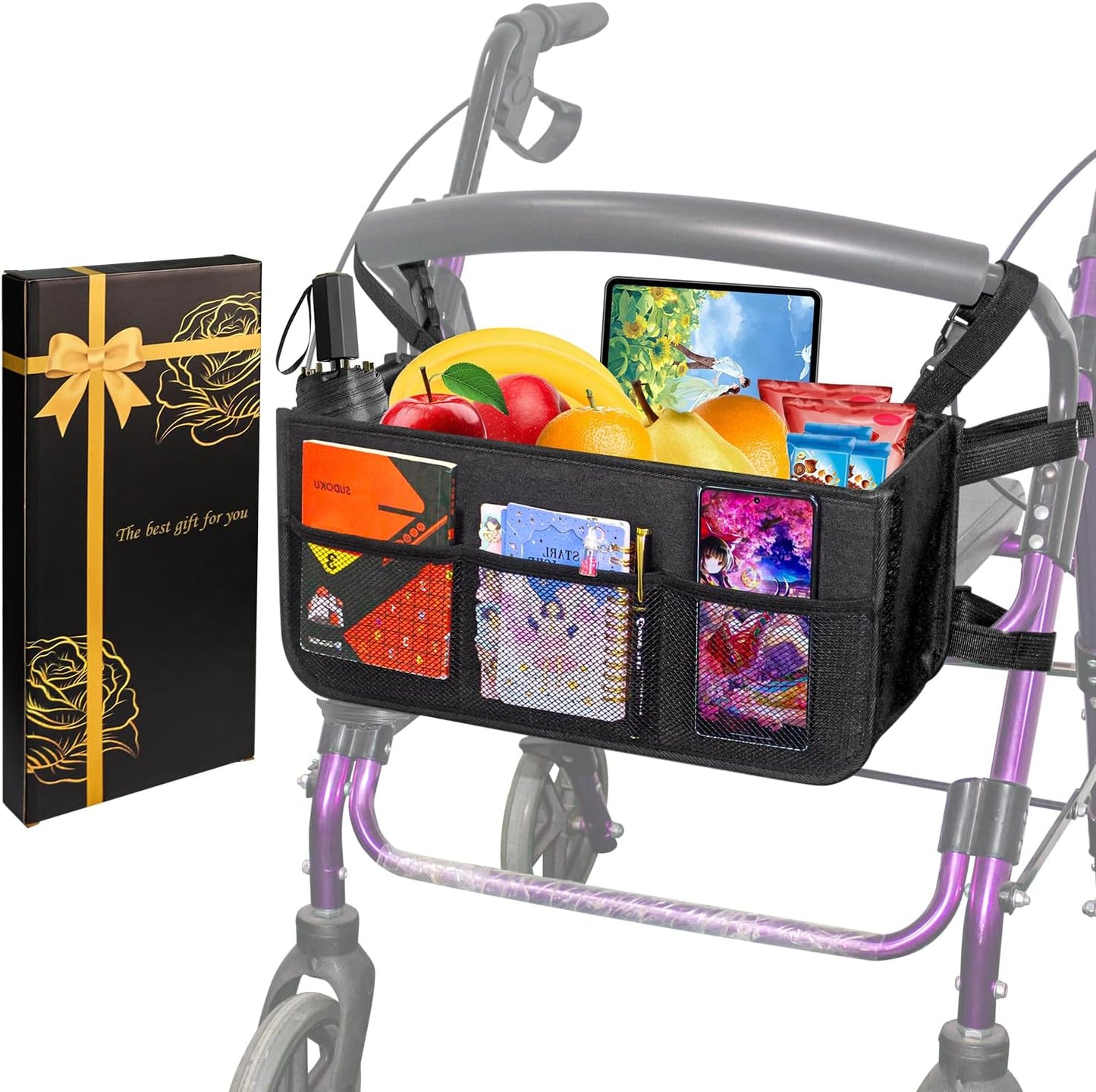 Upgrade Rollator Basket,Walker Basket Bag for Folding Walker Storage,Rollator Walker Bag Cup Holder,Large Capacity Rollator Walker Accessories Organizer (Rollator Basket + Gift Box)