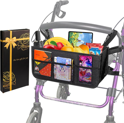 Upgrade Rollator Basket,Walker Basket Bag for Folding Walker Storage,Rollator Walker Bag Cup Holder,Large Capacity Rollator Walker Accessories Organizer (Rollator Basket + Gift Box)
