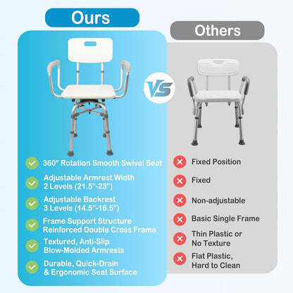 360° Swivel Shower Chair for inside Tub, Shower Chair for Elderly and Disabled, 300Lbs Heavy Duty Shower Seat with Adjustable Arms and Back, Bath Stool for Adults Senior Fits Bathroom Bathtub