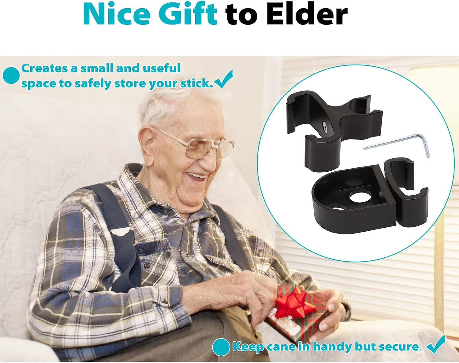 Cane Holder for Nitro Rollators with Flat Frame, Drive Walker Cane Holder, Adjustable Crutch Bracket for Wheelchairs, Rollators, Knee Scooters, Assistant Holder for Cane or Stick Users, Black