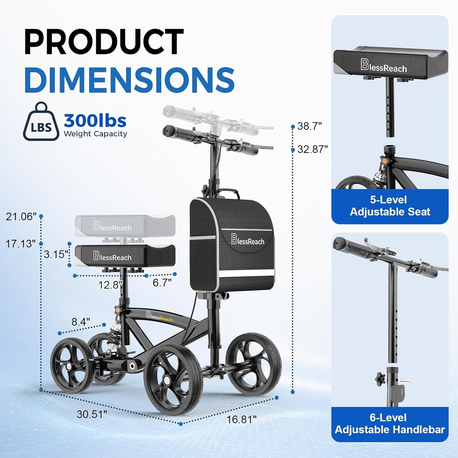 Steerable Knee Walker Deluxe Medical Scooter for Foot Injuries Compact Crutches, with Dual Rear On-Wheel Brake and Shock Absorption under the Knee Pad, Black