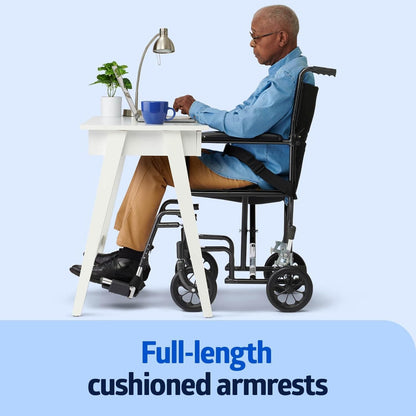 Dr Dunley Folding Transport Wheelchair with Swing-Away Footrests,19" Wide Padded Seat, Full-Length Armrests
