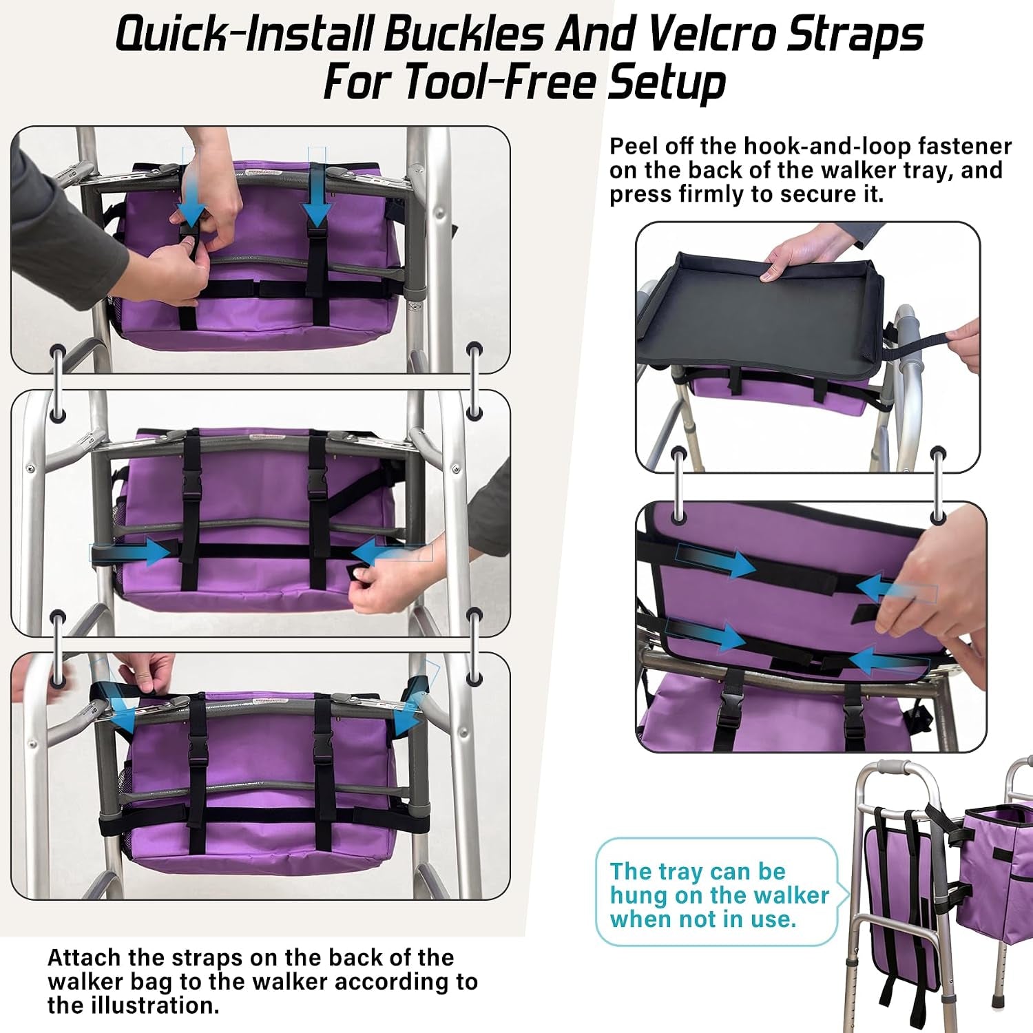 Upgrade Walker Basket with Tray, Detachable Walker Tray for Folding Walkers, Storage Bag with Cup & Cane Holder, Water-Resistant Walker Accessories for Seniors