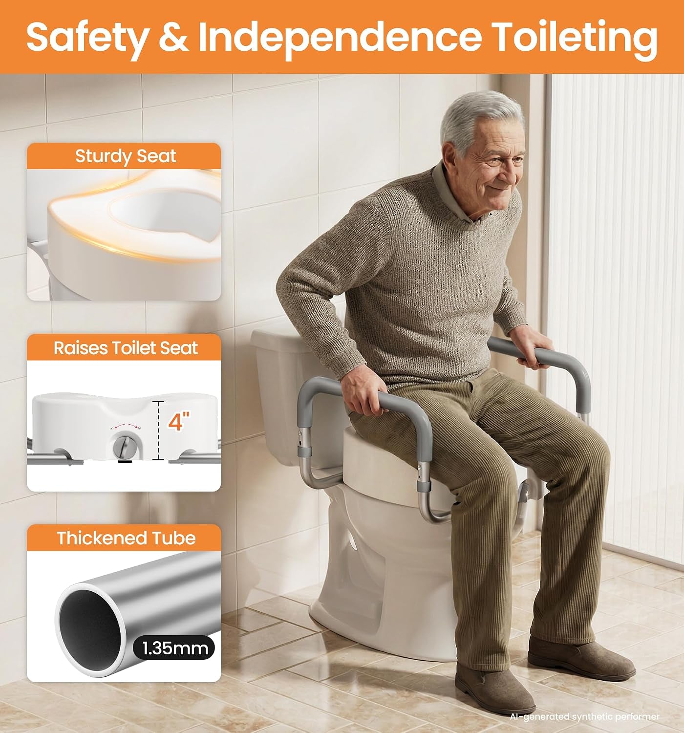 Toilet Seat Risers for Seniors, Adjustable Width & Height, 300 Lbs | Removable Padded Handles, Elevated Raised Toilet Seat for Elderly, Handicap, Fits Most Toilet, Dual-Locking System