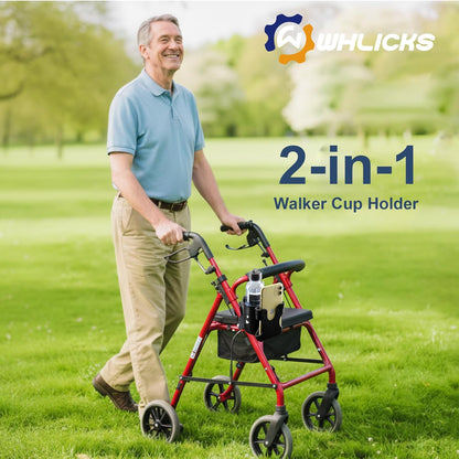 2-In-1 Walker Cup Holder with Reversible Phone Holder，Fit for Wheelchair, Rollator, Scooter, Bike, Mobility, Camper, Stroller with Sturdy,Rotatable,Adjustable and anti - Slip Clip