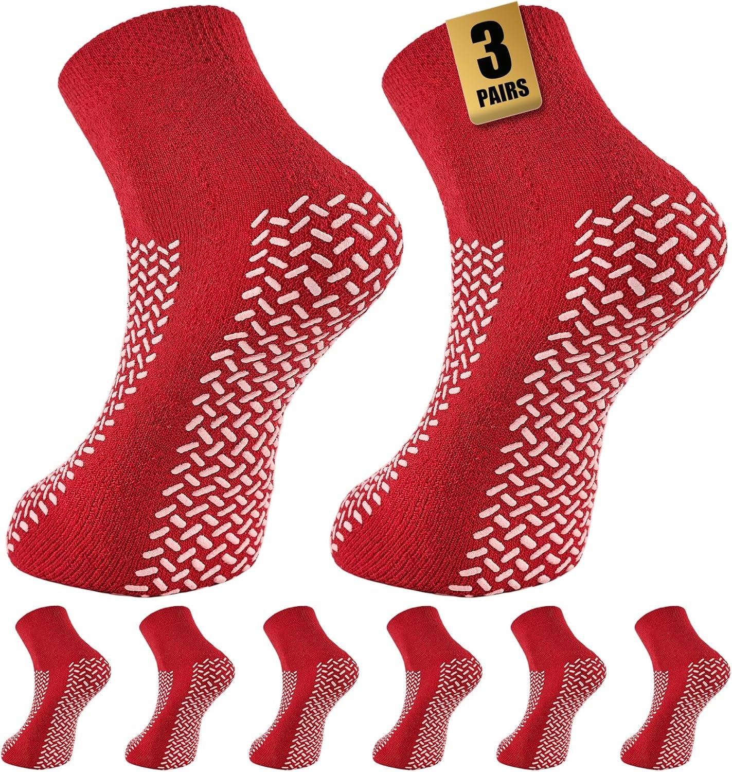 Non-Slip Grip Socks, 3 Pairs, Double-Sided Grippy Slipper-Style Traction Socks