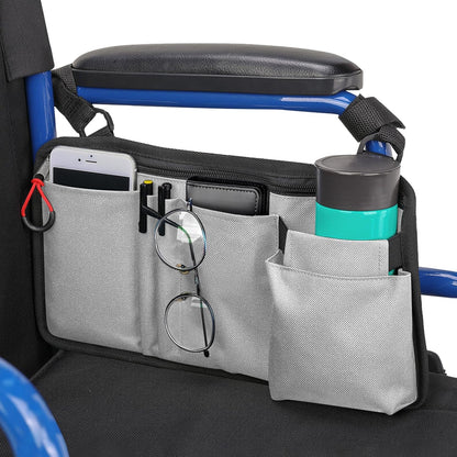 Walker Side Bag, Wheelchair Armrest Storage Pouch with Cup Holder, Wheelchair Accessories for Seniors, Walker Bag Cup Holder for Walker, Rollator, Electric Scooter or Wheelchair