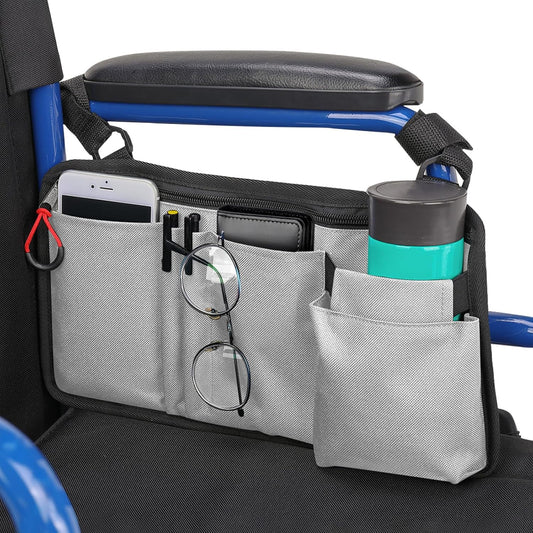 Walker Side Bag, Wheelchair Armrest Storage Pouch with Cup Holder, Wheelchair Accessories for Seniors, Walker Bag Cup Holder for Walker, Rollator, Electric Scooter or Wheelchair