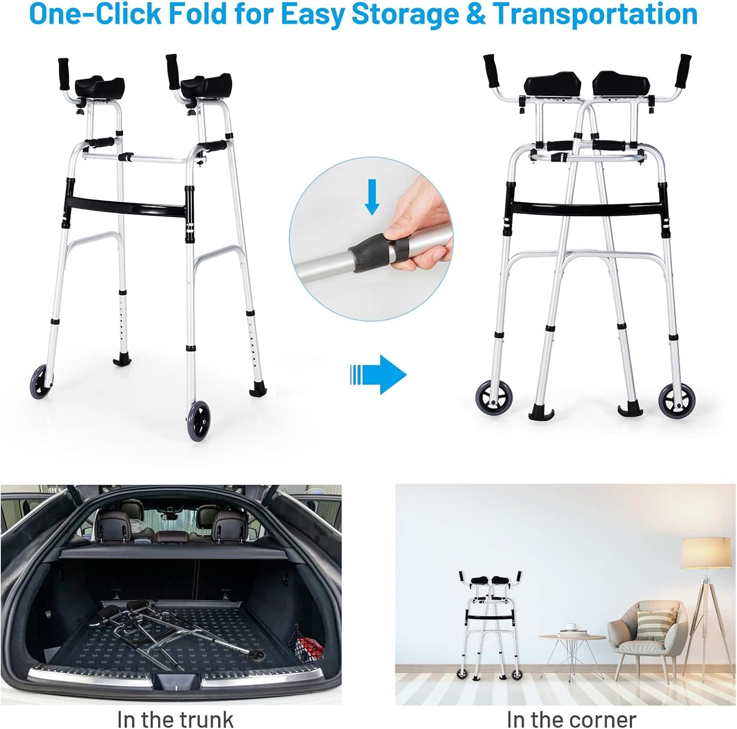 Walkers for Seniors, Foldable Standard Walker with 5’’ Wheels and Removable Padded Armrests 220Lbs, Lightweight Walking Mobility Aid, Folding Platform Walker for Elderly, Handicap, Disabled
