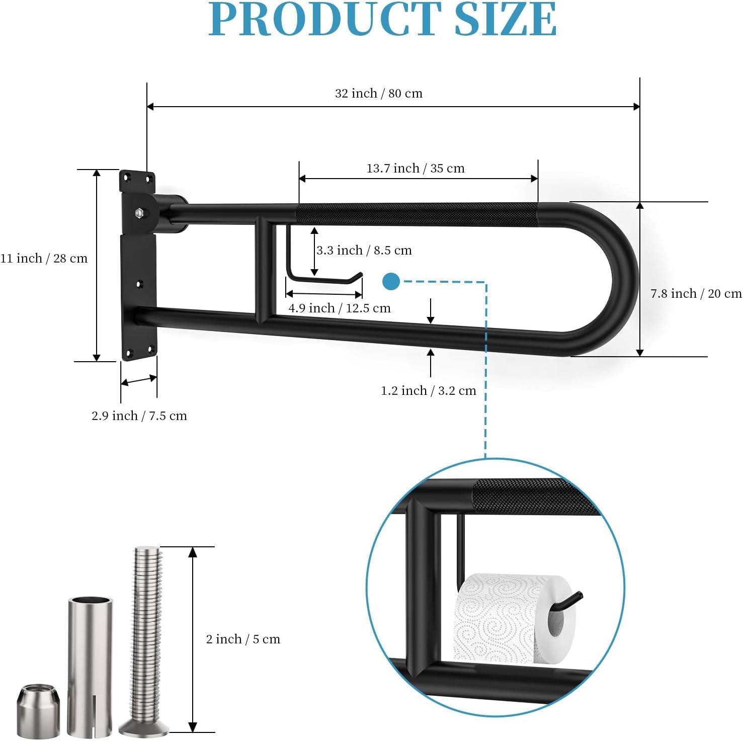 Toilet Grab Bar 32 Inch Black,  Anti-Slip Handicap Grab Bars with Paper Holder, Flip-Up Bathroom Safety Rails, Stainless Steel Knurled Support Handrails for Seniors Elderly Disabled Pregnant