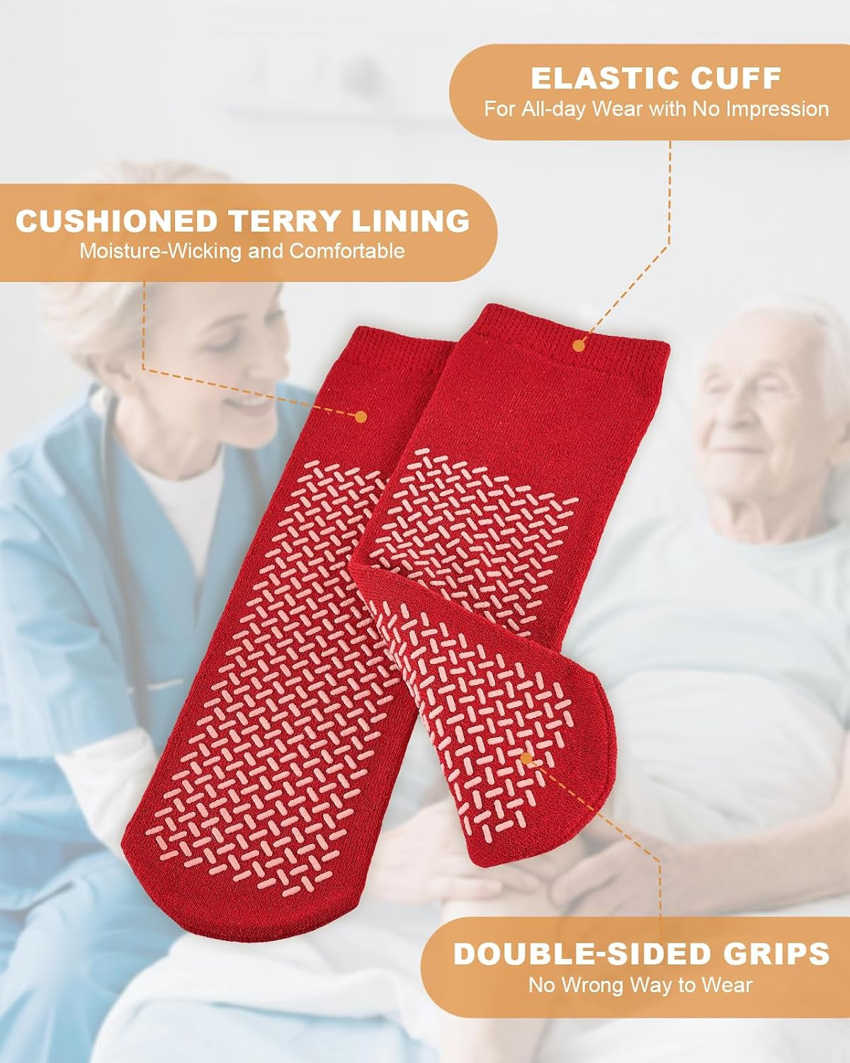 Non-Slip Grip Socks, 3 Pairs, Double-Sided Grippy Slipper-Style Traction Socks