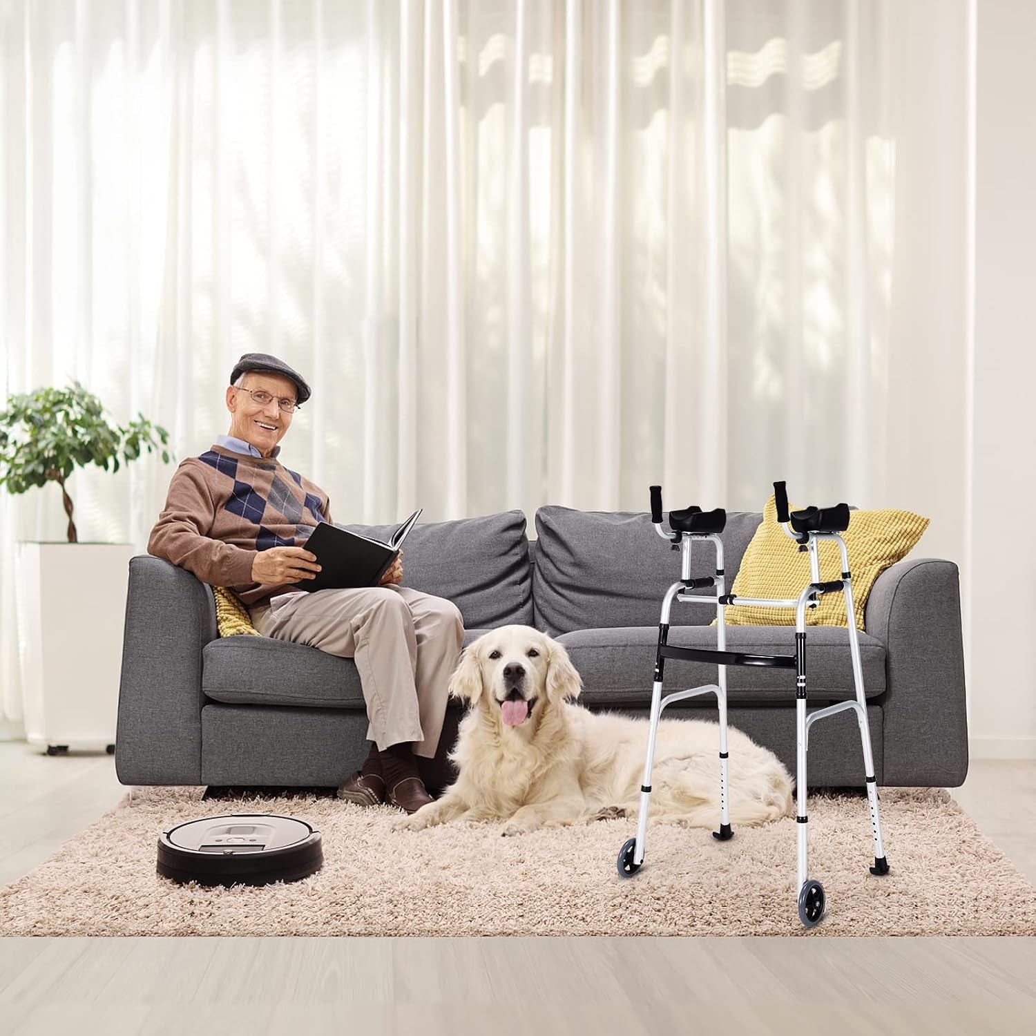 Walkers for Seniors, Foldable Standard Walker with 5’’ Wheels and Removable Padded Armrests 220Lbs, Lightweight Walking Mobility Aid, Folding Platform Walker for Elderly, Handicap, Disabled