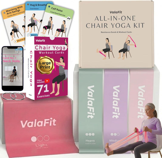 Chair Yoga for Seniors Kit - 71 Large-Print Exercise Cards + 4 Resistance Bands