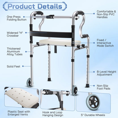 3-In-1 Folding Rolling Walker with 5" Wheels | Adjustable Height (29.1"-36.2") for Seniors & Adults | Lightweight Foldable Walker | Supports up to 400 Lbs
