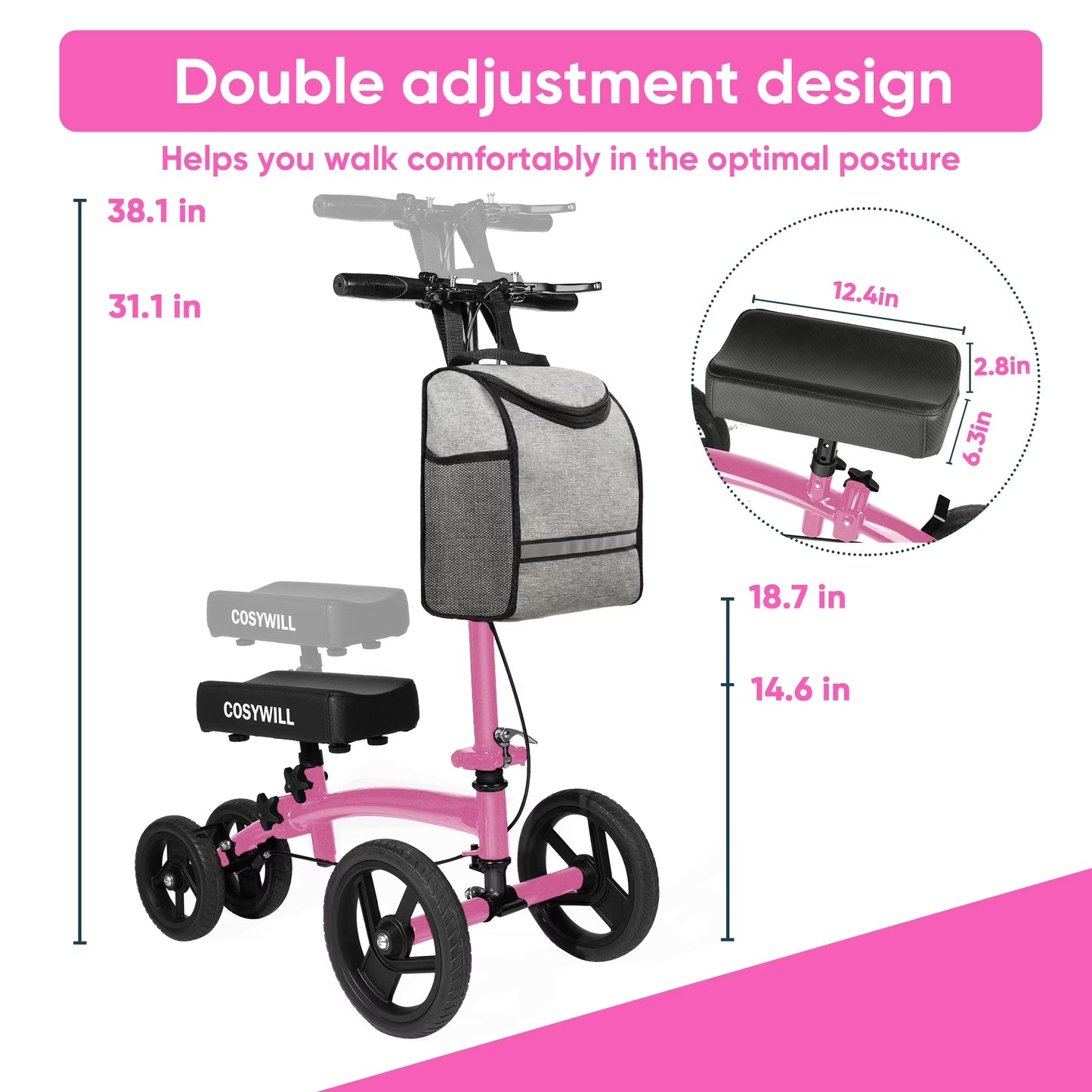 Steerable Knee Scooter,Economy Knee Walker,All Terrain Foldable Medical Scooter for Foot Injuries Crutches Alternative,Pink
