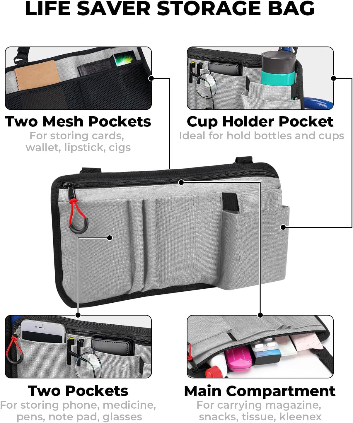 Walker Side Bag, Wheelchair Armrest Storage Pouch with Cup Holder, Wheelchair Accessories for Seniors, Walker Bag Cup Holder for Walker, Rollator, Electric Scooter or Wheelchair