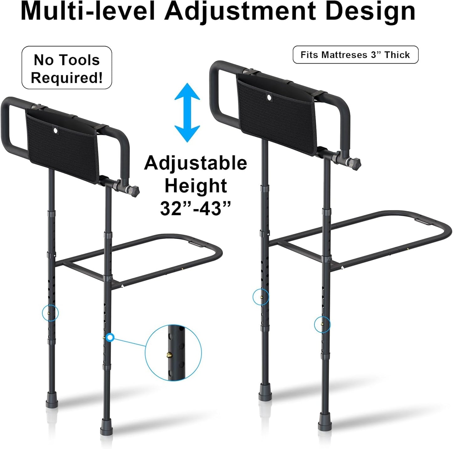 Bed Rails for Elderly Adults Safety, Adjustable Bed Assist Rail with Non-Slip Base, 400 Lbs Support Bed Grab Bar for Seniors, Fits Twin Full Queen King Beds