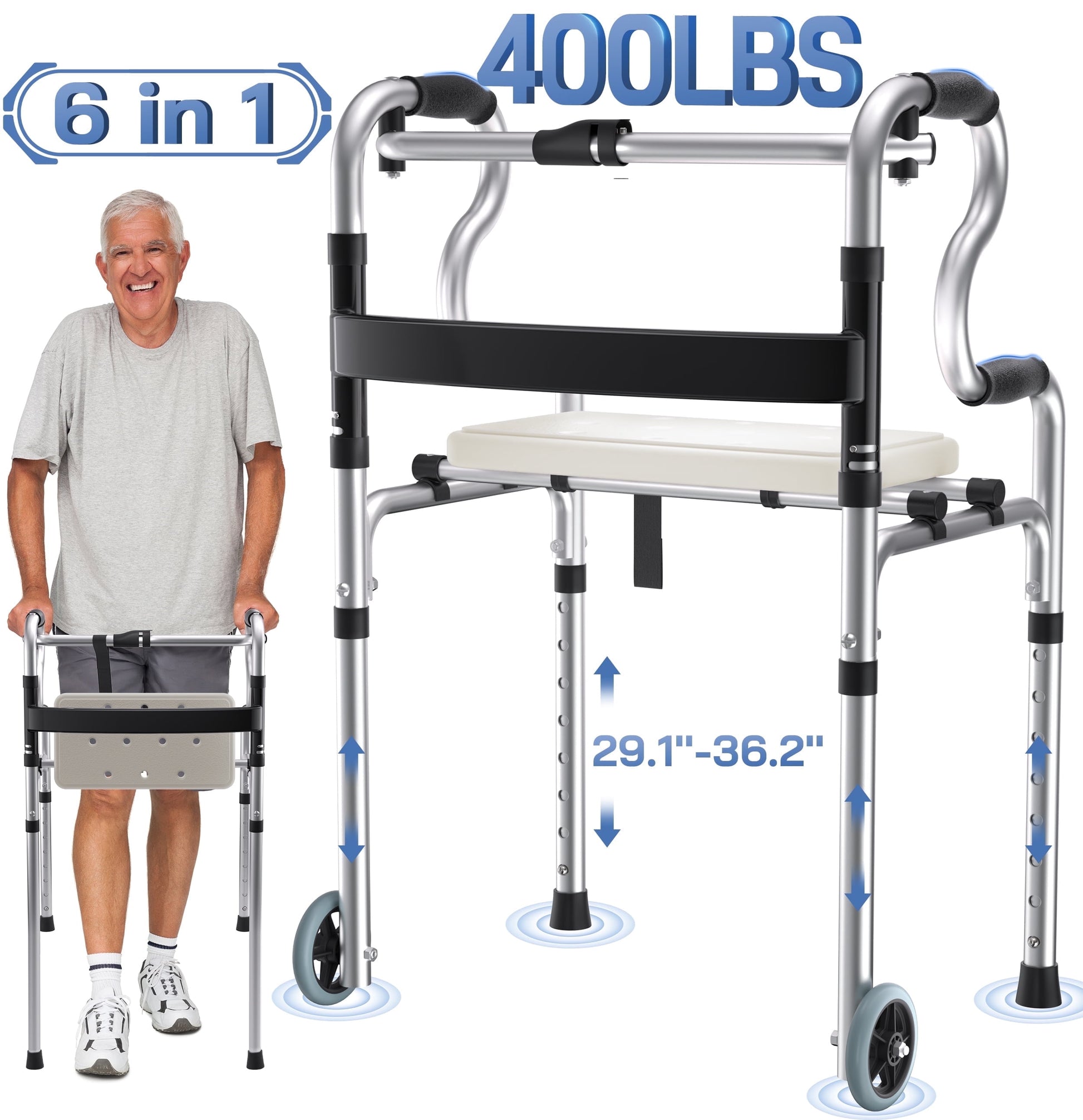 3-In-1 Folding Rolling Walker with 5" Wheels | Adjustable Height (29.1"-36.2") for Seniors & Adults | Lightweight Foldable Walker | Supports up to 400 Lbs