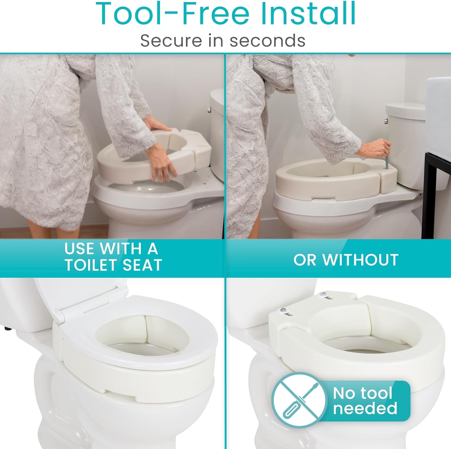 Raised Toilet Seat (Standard, Adds 3.5 Inches) - Elevated Toilet Seat Riser & Extender for Seniors & Handicap - High Rise Toilet Extension for Elderly - Portable Commode Toilet Booster for Adults