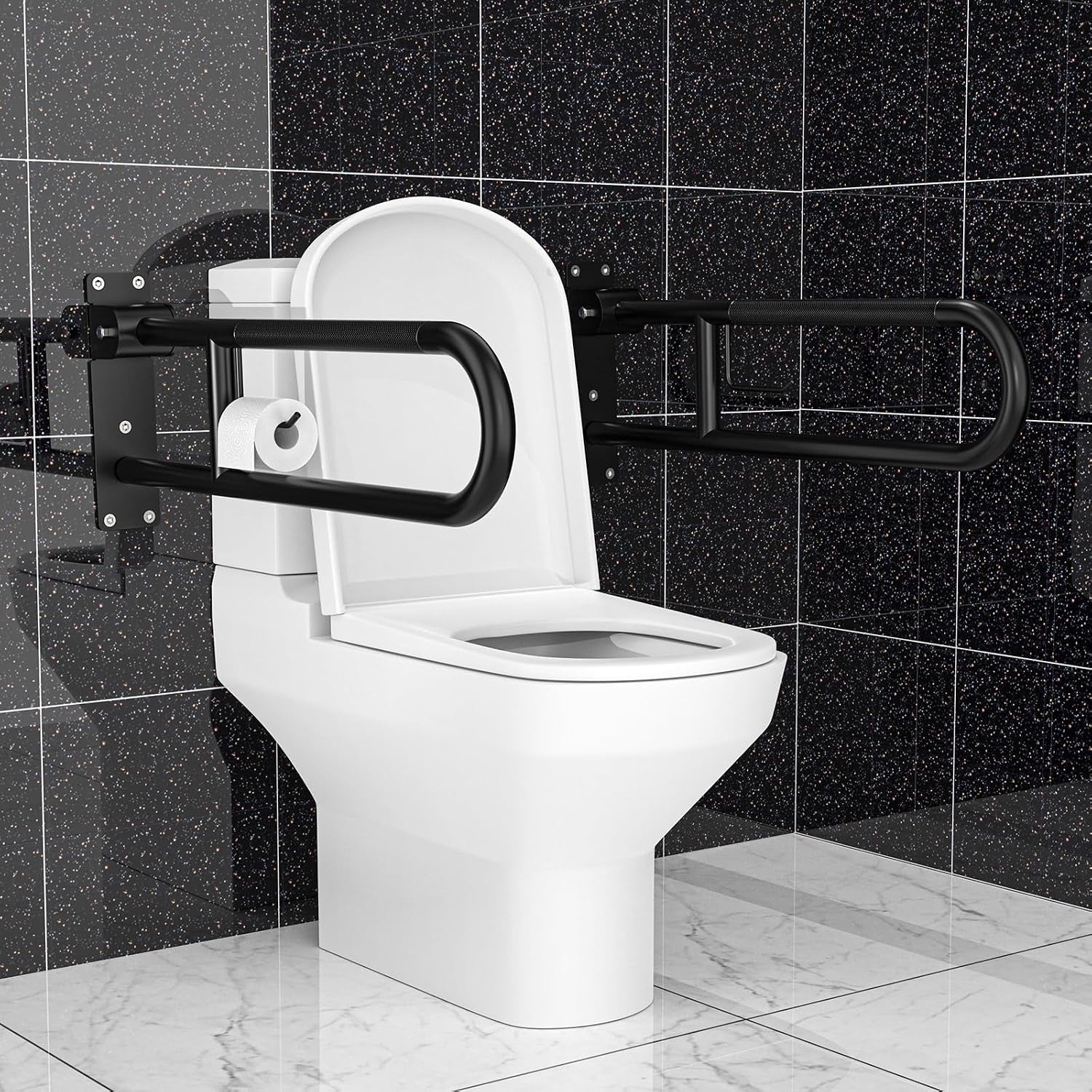 Toilet Grab Bar 32 Inch Black,  Anti-Slip Handicap Grab Bars with Paper Holder, Flip-Up Bathroom Safety Rails, Stainless Steel Knurled Support Handrails for Seniors Elderly Disabled Pregnant