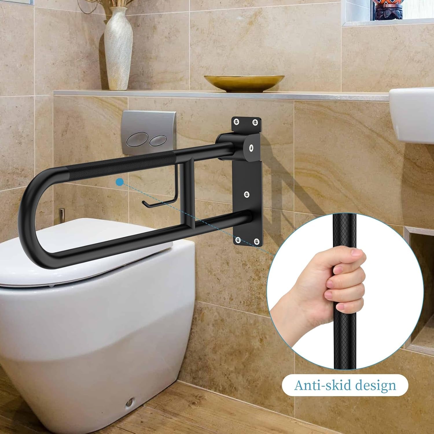 Toilet Grab Bar 32 Inch Black,  Anti-Slip Handicap Grab Bars with Paper Holder, Flip-Up Bathroom Safety Rails, Stainless Steel Knurled Support Handrails for Seniors Elderly Disabled Pregnant