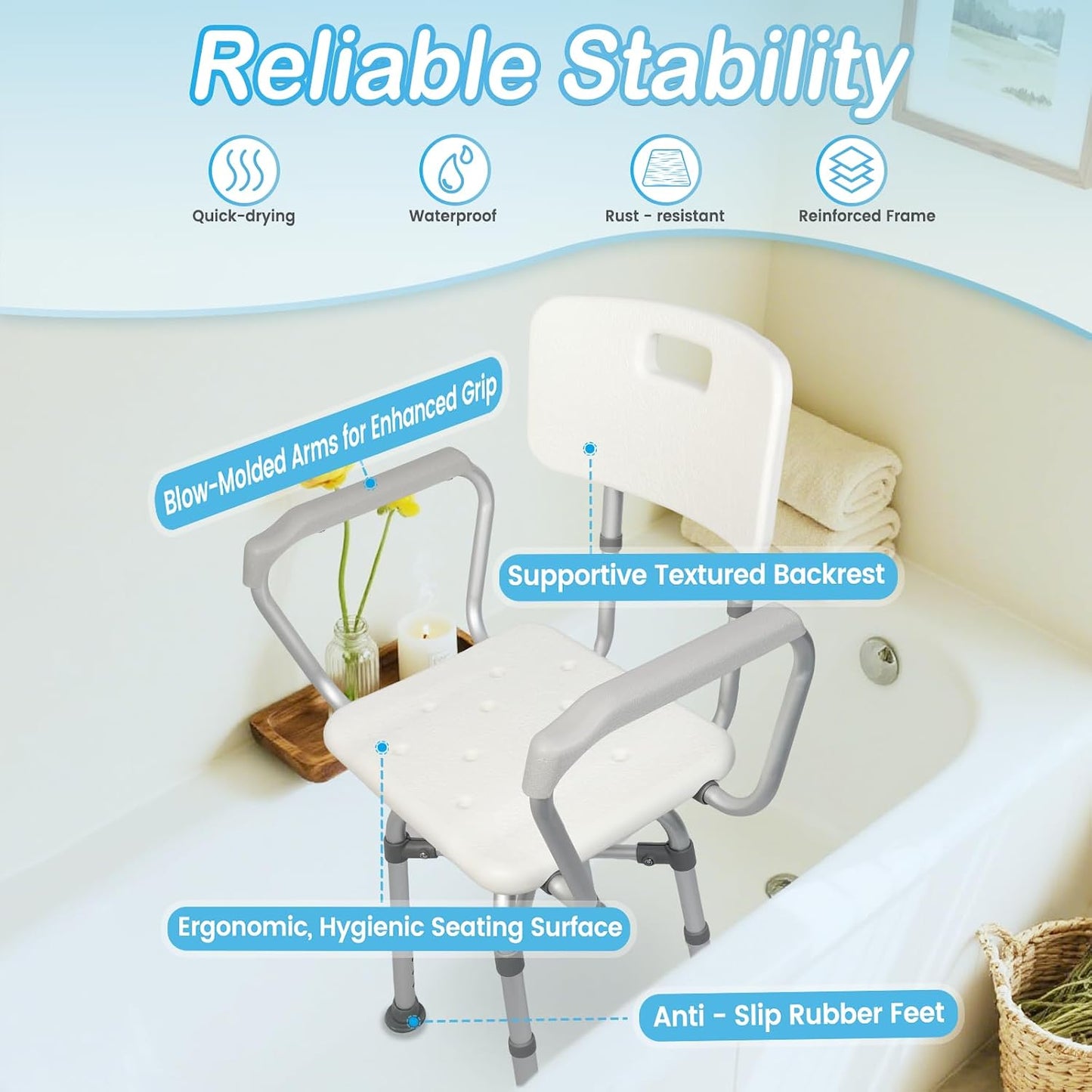 360° Swivel Shower Chair for inside Tub, Shower Chair for Elderly and Disabled, 300Lbs Heavy Duty Shower Seat with Adjustable Arms and Back, Bath Stool for Adults Senior Fits Bathroom Bathtub