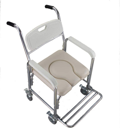 Bedside Commode Chair, 4 in 1 Toilet Rolling Transport Chair with Arms & 4 Brakes, Shower Wheelchair for Adults, Senior, Elderly, Handicap, Disabled (White+ U Shape Cushion)