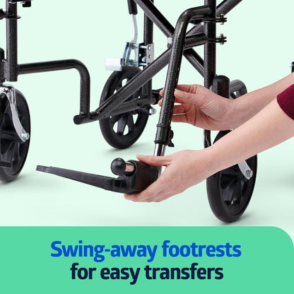 Dr Dunley Folding Transport Wheelchair with Swing-Away Footrests,19" Wide Padded Seat, Full-Length Armrests