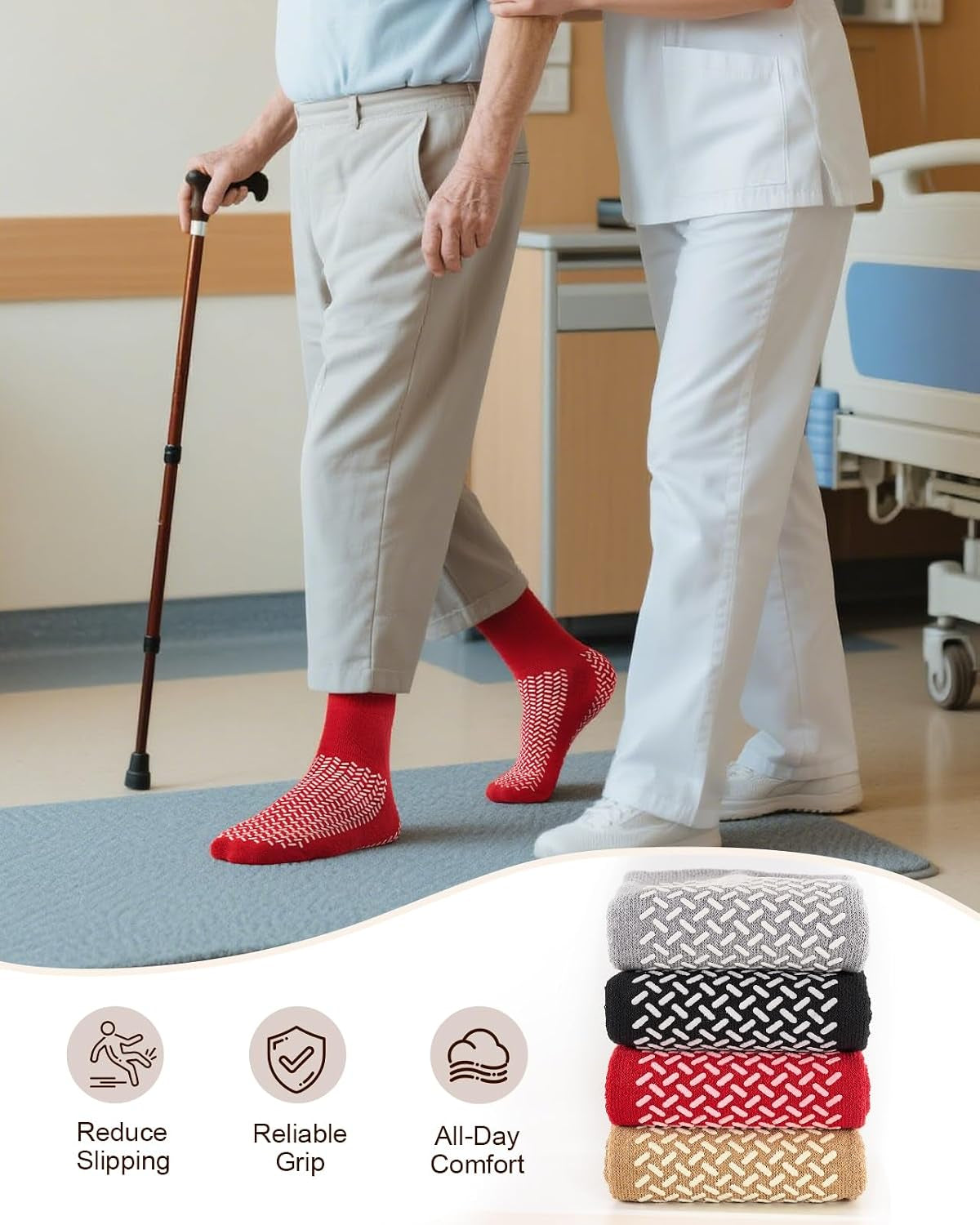 Non-Slip Grip Socks, 3 Pairs, Double-Sided Grippy Slipper-Style Traction Socks