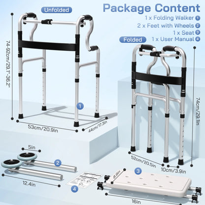3-In-1 Folding Rolling Walker with 5" Wheels | Adjustable Height (29.1"-36.2") for Seniors & Adults | Lightweight Foldable Walker | Supports up to 400 Lbs
