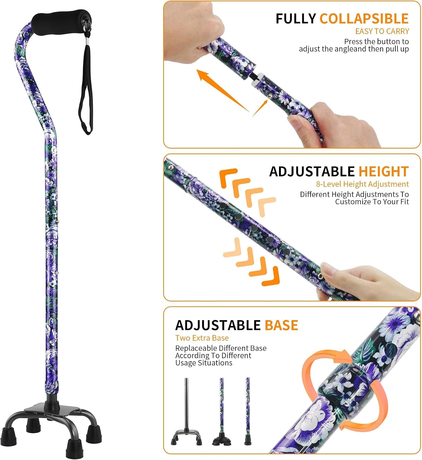 Floral Quad Cane for Women, Adjustable Walking Canes with 3-In-1 Interchangeable Base(3 Tips) for Versatile Support, Stylish & Stable Mobility Aid for Seniors Confidence