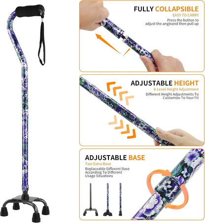 Floral Quad Cane for Women, Adjustable Walking Canes with 3-In-1 Interchangeable Base(3 Tips) for Versatile Support, Stylish & Stable Mobility Aid for Seniors Confidence