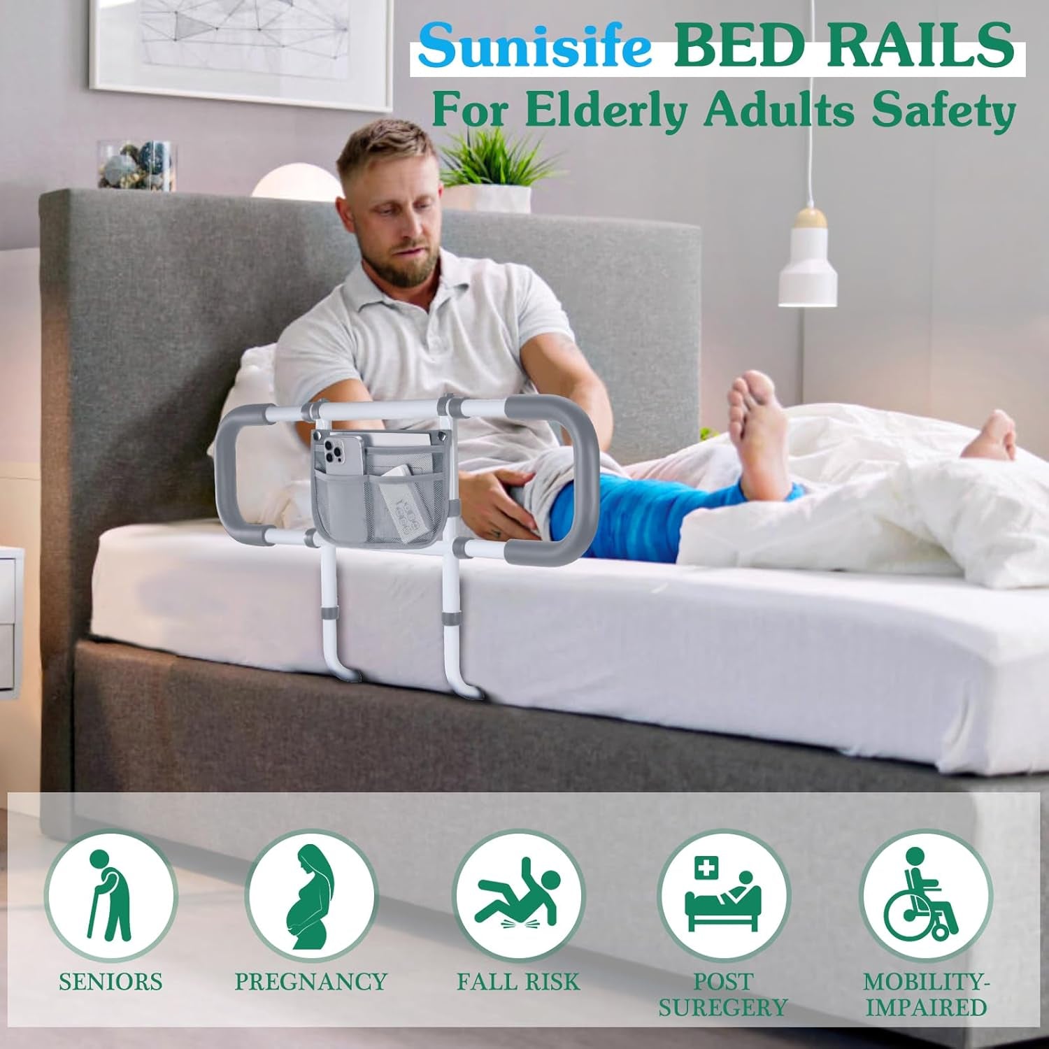 Bed Rails for Elderly Adults Safety - Extended Bed Assist Rail for Seniors - Adjustable Beds Side Rails Handle Support Bar Bed Guard with Storage Bag & Fixing Strap, Fit King Queen Full Twin Beds