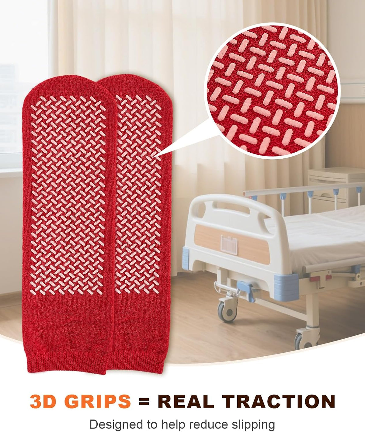 Non-Slip Grip Socks, 3 Pairs, Double-Sided Grippy Slipper-Style Traction Socks