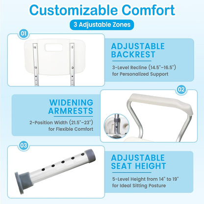 360° Swivel Shower Chair for inside Tub, Shower Chair for Elderly and Disabled, 300Lbs Heavy Duty Shower Seat with Adjustable Arms and Back, Bath Stool for Adults Senior Fits Bathroom Bathtub